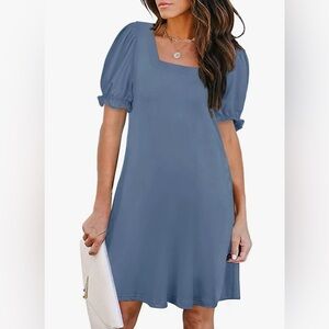 NWT NIVYEE slate blue dress with square neckline and puff sleeve